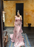 Flowy Pink A Line Spaghetti Strap Print Floral Chiffon Open Back Prom Dress Vacation Dress HZ1023