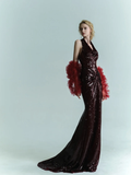 Imperial Burgundy Mermaid Halter Sequin Long Sweep Prom Dress Evening Dress HZ1023