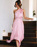 Elegant A Line One Shoulder Pleated Pink Satin Bridesmaid Dress Evening Dress HZ1023