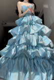 Dreamy Blue Ball Gown Sweetheart Neck Layered Sequin Prom Dress HZ1023