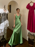 Vintage Mermaid V Neck Beaded Green Satin Long Prom Dress Party Dress HZ1023