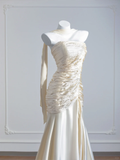 Ivory White Mermaid Spaghetti Straps Pleated Satin Long Prom Dress Party Dress HZ1023