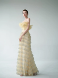 Yellow Sheath Strapless Layered Tulle Sequin Party Dress Prom Dress Formal Gown HZ1023