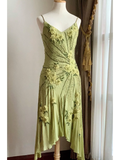 Vintage Mermaid Spaghetti Strap Beaded Flower Chiffon Party Dress Evening Dress HZ1023