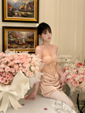 Elegant Mermaid Off the Shoulder Apricot Lace Satin Prom Dress Evening Dress Formal Gown HZ1023