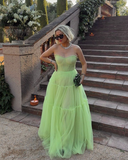 Light Green Tulle Ruffled Long A Line Evening Dress Strapless Prom Dress HZ1023