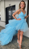 Unique Spaghetti Strap Blue Layered Tulle Sequined Hi-Lo Prom Dress HZ1023