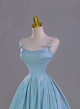 Blue A Line Spaghetti Strap Pearl Bow Satin Prom Dress Graduation Prom Dress HZ1023