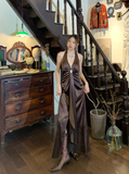 Brown Retro A Line Halter Satin Party Dress Evening Dress with Slit HZ1023