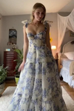 Elegant Floral Print Chiffon Long Prom Dresses Evening Dresses HZ1023