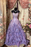 Exquisite Purple Ball Gown Halter Embroidery Layered Satin Long Prom Dress Evening Dress HZ1023