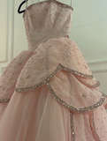 Pink A Line Strapless Tiered Beaded Tulle Party Dress Evening Dress Ball Gown HZ1023