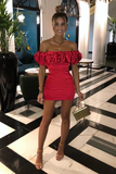 Red Satin Ruffle Off The Shoulder Mini Dress Homecoming Dress HZ1023