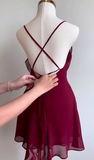 Burgundy A Line Spaghetti Strap Floral Chiffon Short Party Dress Homecoming Dress Outfits HZ1023