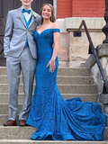 Off Shoulder Blue Mermaid Lace Long Evening Dresses£¬Formal Prom Dress HZ1023