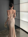 Elegant Mermaid Off the Shoulder Apricot Lace Satin Prom Dress Evening Dress Formal Gown HZ1023