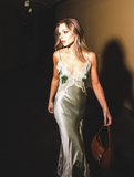 Gentle Sheath Spaghetti Strap Lace Green Satin Prom Dress Graduation Prom Dress with Slit HZ1023