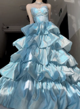 Dreamy Blue Ball Gown Sweetheart Neck Layered Sequin Prom Dress HZ1023