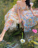 Unique Print Floral A Line Off the Shoulder Chiffon Long Prom Dress Party Dress HZ1023