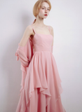 Pink A Line Straps Chiffon Slit Long Prom Dress Evening Dress with Cape HZ1023