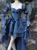 New Vintage Navy Blue Ruffle Casual Fashion Party Prom Dress HZ1023