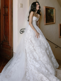Elegant A Line Sweetheart Neck Lace Tulle Long Sweep Wedding Dress HZ1023