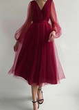 Charming Puffy Long Sleeve Burgundy Tea Length Long Prom Dress/Evening Gown HZ1023