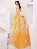 Yellow Unique High Low Tulle with Lace Prom Dress, Yellow Formal Dress Evening Dress HZ1023