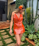 Bright Orange A Line Halter Sequin Open Back Homecoming Dress Vacation Dress HZ1023