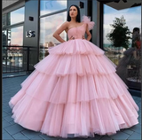 Light Pink Ball Gown Quinceanera Dresses One Shoulder Puffy Tiered Skirts Formal Evening Gowns Girls Sweet 16 Party Dress HZ1023