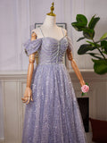 A Line Off the Shoulder Sequin Rhinestones Tulle Long Prom Dress Evening Dress HZ1023
