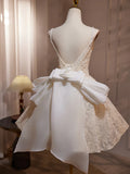 A Line V Neck Lace Bow Tulle Short Prom Dress Homecoming Dress HZ1023