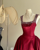 Cute A Line Strap RhineStone Burgundy Satin Short Party Dress Homecoming Dress HZ1023