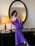 Sexy Shiny Purple Mermaid Straps Sequin Long Prom Dress Vacation Dress HZ1023
