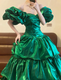Stunning A Line Off the Shoulder Emerald Satin Long Sweep Party Dress Prom Dress HZ1023