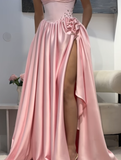 Pink A Line Sweetheart Neck Pleated Satin Prom Dress Wedding Guest Dress with Slit HZ1023