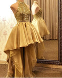 Gold High Low Sequin Organza Prom Dresses Halter Backless Formal Evening Party Gown Dress Robe De Soiree HZ1023