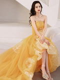 Yellow Unique High Low Tulle with Lace Prom Dress, Yellow Formal Dress Evening Dress HZ1023