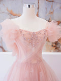 Pink tulle lace beads long prom dress, pink A line evening dress HZ1023