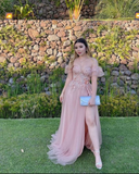 Puff Sleeves Tulle Applique Slit Prom Dress HZ1023