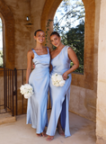 Gentle Sheath Strap Blue Satin Evening Dress Bridesmaid Dress with Slit HZ1023