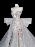 Exquisite Dreamy Mermaid Beaded Pearl Sequin White Tulle Prom Dress Party Dress with Slit HZ1023