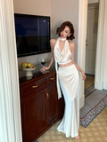 Two Piece Mermaid Halter Satin Open Back Long Prom Dress Vacation Dress HZ1023