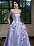 Romantic Purple A Line Strapless Appliques Satin Long Evening Dress Gown Dress HZ1023