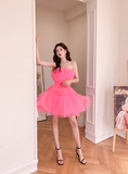 Barbie Pink A Line Strapless Tulle Short Outfit Party Dress Homecoming Dress Birthday Dress HZ1023