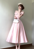 Princess Pink A Line Off the Shoulder Satin Long Party Dress Evening Dress HZ1023