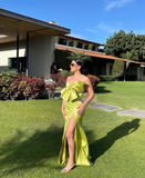 2025 New Mermaid Strapless Bow Green Satin Prom Dress Graduation Prom Dress with Slit HZ1023