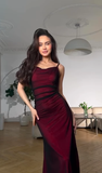 Sexy Mermaid Spaghetti Strap Black Chiffon Red Satin Prom Dress Evening Dress HZ1023