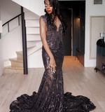 Gorgeous Mermaid V Neck Black Sequin Tulle Long Sweep Prom Dress Evening Dress HZ1023