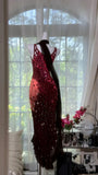 Exquisite Mermaid Straps Beaded Burgundy Chiffon Prom Dress Wedding Guest Dress HZ1023